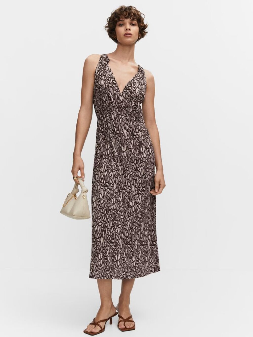 NWT MANGO Dress Size 4 Brown Beige Printed Textured